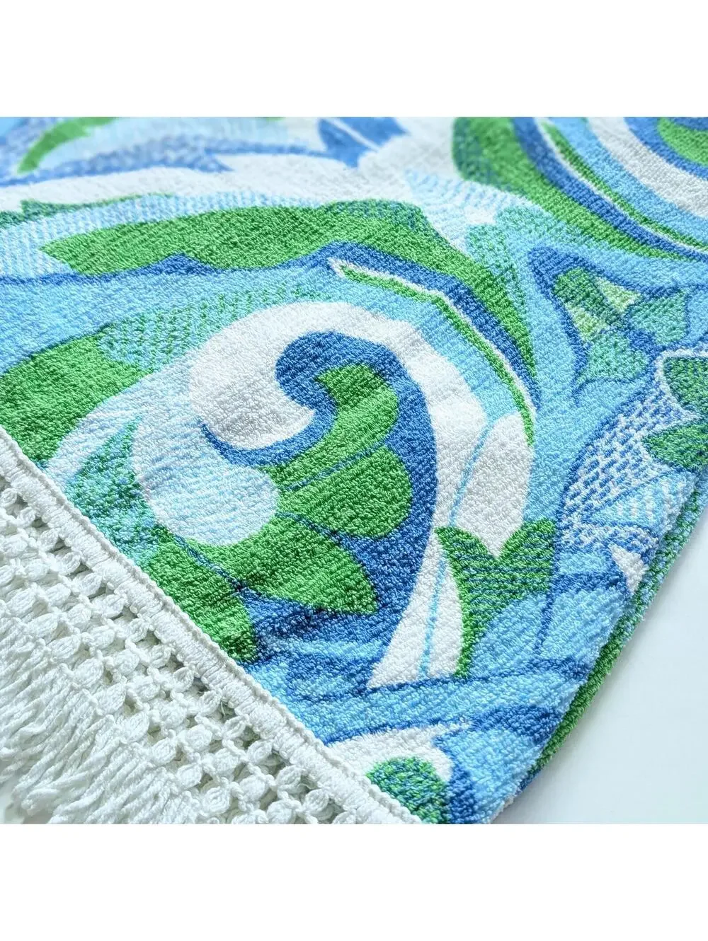 Vintage Round Terry Cloth Tablecloth with Groovy Print and Fringed Edge